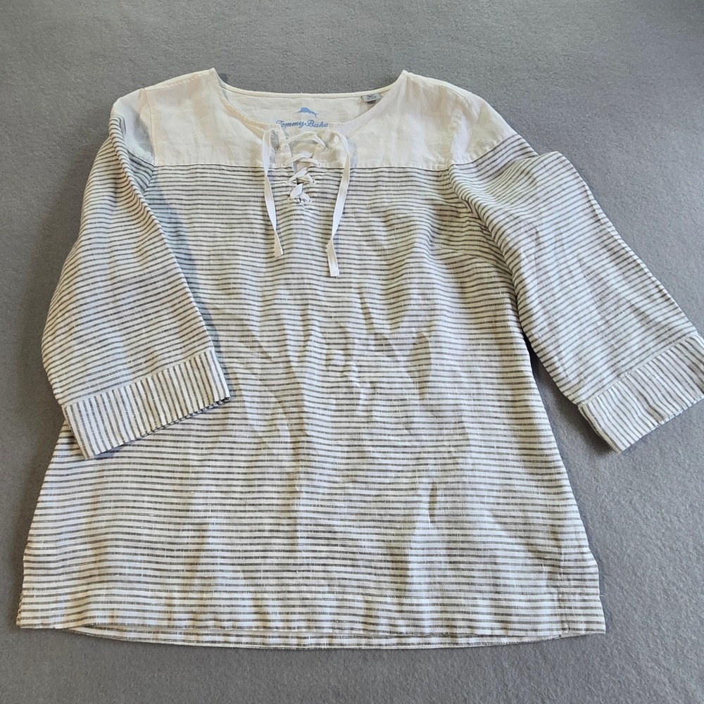 Tommy Bahama Tunic Top Women Medium White Tan Striped 100% Linen Lace Up Coastal - Picture 2 of 7